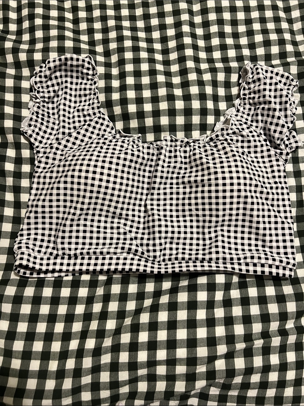 Black & White Gingham Ruffle Sleeve Swim Crop Top